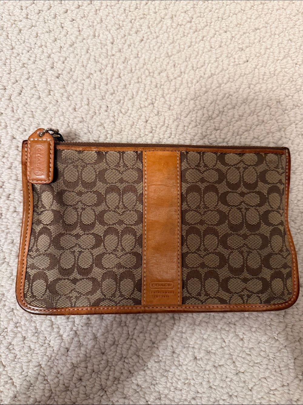 Coach Brown Signature Canvas Wristlet with Tan Leather Trim - Make up Bag
